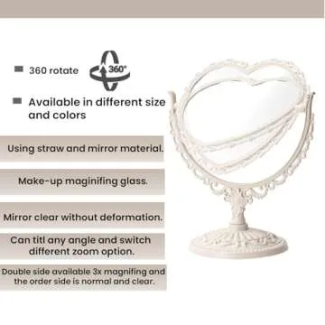 XPXKJ 7 Inch Vintage Heart Mirror - Elegant Desk Makeup Mirror with Double Sided 360 Degree Rotation Vanity Mirror for Coquette Room Decor (Beige 1pcs)