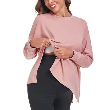 Ecavus Women's Casual Maternity Shirts Long Sleeve Soft and Comfy Pregnancy Tee Tops Side Split Maternity Clothes Dusty Pink