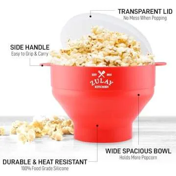 Zulay Microwave Popcorn Popper - BPA-Free Silicone Popcorn Popper Microwave Popcorn Bowl - Collapsible Microwave Popcorn Maker - Family Movie Night Supplies - Red