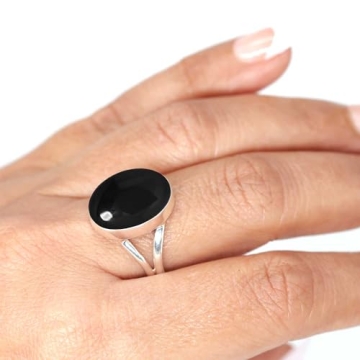 JEWELOPORIUM Black Onyx Silver Ring Size 7, 925 Sterling Silver Ring for Women, Genuine Chunky Oval ...