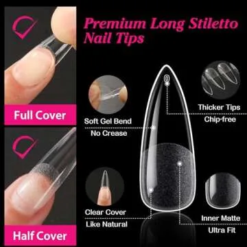 UNA GELLA Long Stiletto Gel x Nail Tips Full Cover 504PCS Pre-shape Long Stiletto Almond Fake Clear Nails Tips No Need File Stiletto Gel Tips No C Curve for Nail Extension DIY Art Salon 12 Sizes