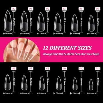 UNA GELLA Long Stiletto Gel x Nail Tips Full Cover 504PCS Pre-shape Long Stiletto Almond Fake Clear Nails Tips No Need File Stiletto Gel Tips No C Curve for Nail Extension DIY Art Salon 12 Sizes