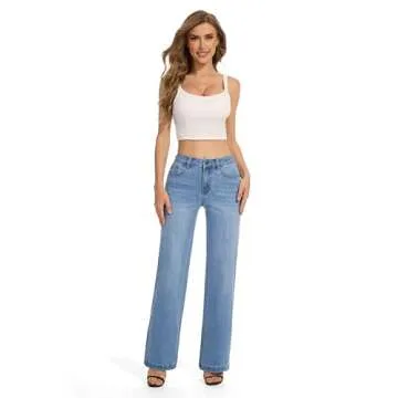 FLYING BANANA Women's High Waisted Wide Leg Baggy Stretch Denim Jeans (Medium Blue, 6 Long)