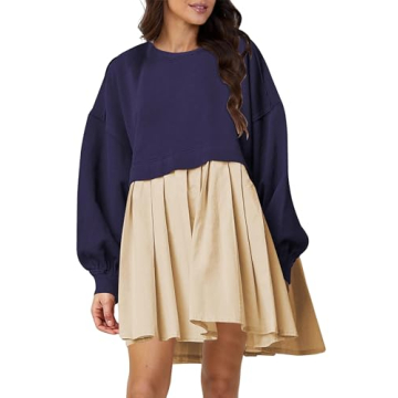 Meladyan Women's Oversized Patchwork Mini Sweatshirt Color Block Long Sleeve Crewneck Loose Pullover...