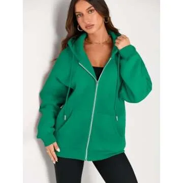 EFAN Women Zip Up Hoodies Oversized Sweatshirt Jacket 2024 Fall Fleece Cute Pullover Hooded Tops Teen Girls Casual Loose Fit Y2k Trendy Fashion Gym Clothes Outfits Green M