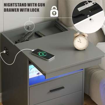 Modern Nightstand with USB, LED Light & Gun Drawer