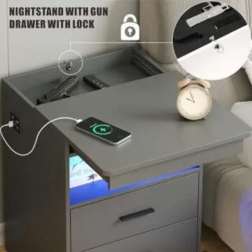 Modern Nightstand with USB, LED Light & Gun Drawer