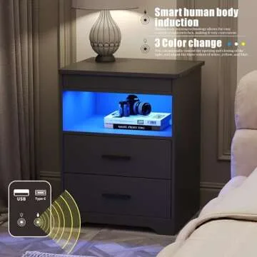 Modern Nightstand with USB, LED Light & Gun Drawer