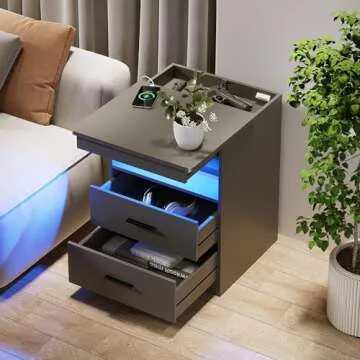 Modern Nightstand with USB, LED Light & Gun Drawer