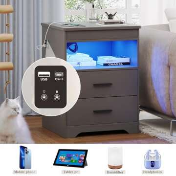 Modern Nightstand with USB, LED Light & Gun Drawer