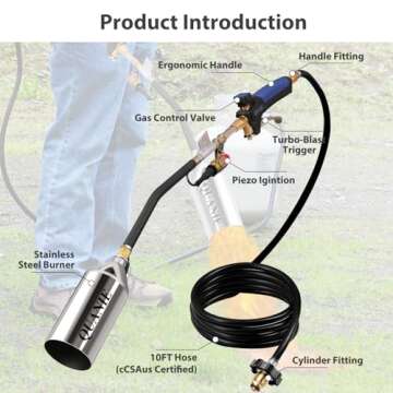 Propane Torch Burner Weed Torch High Output 1,800,000 BTU with 10FT Hose,Heavy Duty Blow Torch with Flame Control and Turbo Trigger Push Button Igniter,Flamethrower for Garden Wood Ice Snow Road (Blue