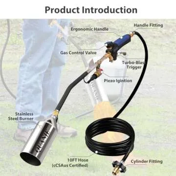 Propane Torch Burner Weed Torch High Output 1,800,000 BTU with 10FT Hose,Heavy Duty Blow Torch with Flame Control and Turbo Trigger Push Button Igniter,Flamethrower for Garden Wood Ice Snow Road (Blue