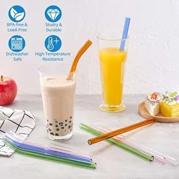 RENYIH 10 Pcs Reusable Glass Smoothie Straws,9''x12 mm Glass Drinking Straws for Milkshakes, Tea, Ju...