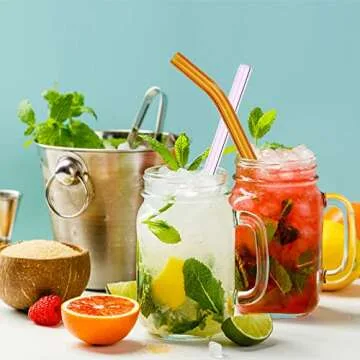 RENYIH 10 Pcs Reusable Glass Smoothie Straws,9''x12 mm Glass Drinking Straws for Milkshakes, Tea, Juice,Set of 5 Straight and 5 Bent with 2 Cleaning Brushes -Dishwasher Safe(Colorful)