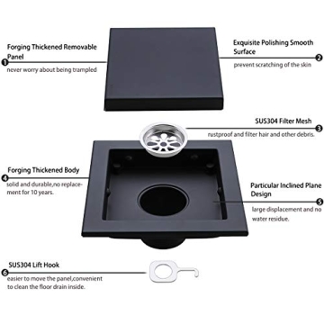 RANDOM Stylish Black Shower Drain with Removable Cover