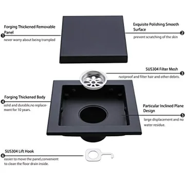 RANDOM Stylish Black Shower Drain with Removable Cover