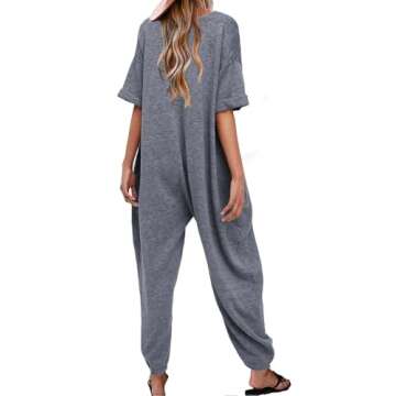 Nirovien Women's Solid Color V Neck Jumpsuits Casual Half Sleeve Long Rompers Beam Foot Baggy Overalls(Dark Grey,M)