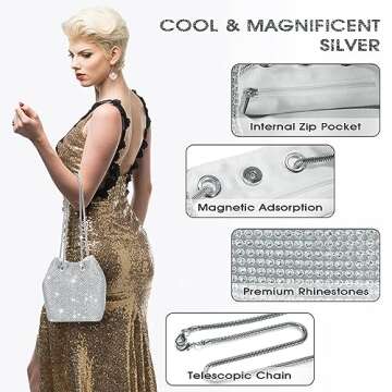 JIAN YA NA Full Rhinestones Bucket Bag for Women Fashion Shoulder Bag Purses Crossbody Bags with Lon...