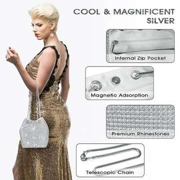 JIAN YA NA Full Rhinestones Bucket Bag for Women Fashion Shoulder Bag Purses Crossbody Bags with Lon...