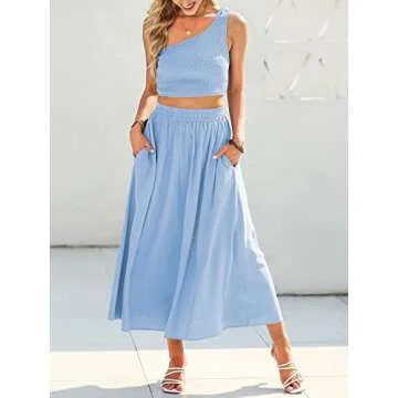 ANRABESS Women's 2 Pieces Outfits One Shoulder Smocked Crop Top & High Waist Long Skirt Dress Set with Pockets Blue Small