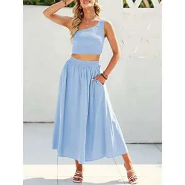 ANRABESS Women's 2 Pieces Outfits One Shoulder Smocked Crop Top & High Waist Long Skirt Dress Set with Pockets Blue Small