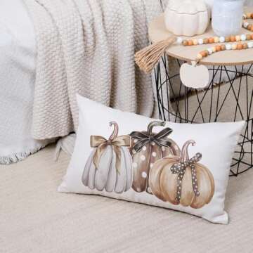 AACORS Fall Pillow Cover 12x20 Inch Pumpkins with Bowknot Decor Autumn Seasonal Thanksgiving Pillow Case Decorations for Home Sofa Couch AA570-12
