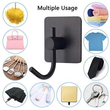 VAEHOLD 12PACK Adhesive Wall Hooks, Heavy Duty Sticky Holder Aluminum Towel Hooks for Hanging Coat, Hat, Towel, Robe, Key, Clothes, Closet Hook Wall Mount for Kitchen, Bathroom（Black）