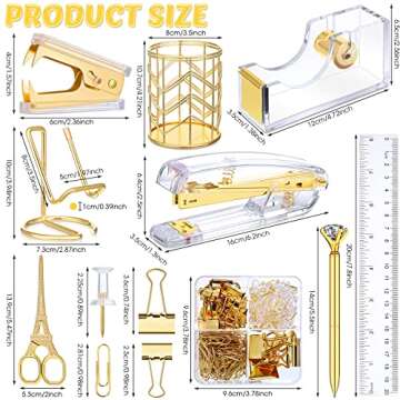 Office Supplies for Women Desk Accessories Kit, Stapler and Tape Dispenser Set,Pen Holder,Staples,Phone Holder,Diamond Pen,Ruler, Scissors,Binder Clips Desk Organizers Office Decor (Gold)