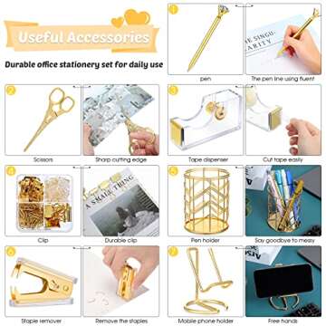 Office Supplies for Women Desk Accessories Kit, Stapler and Tape Dispenser Set,Pen Holder,Staples,Phone Holder,Diamond Pen,Ruler, Scissors,Binder Clips Desk Organizers Office Decor (Gold)