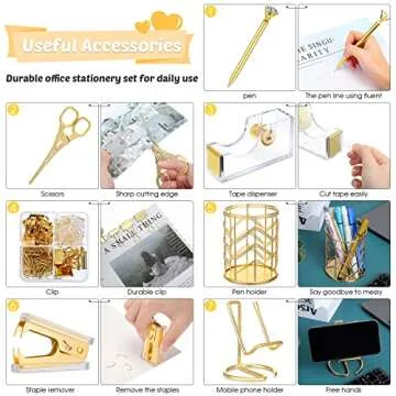 Office Supplies for Women Desk Accessories Kit, Stapler and Tape Dispenser Set,Pen Holder,Staples,Phone Holder,Diamond Pen,Ruler, Scissors,Binder Clips Desk Organizers Office Decor (Gold)