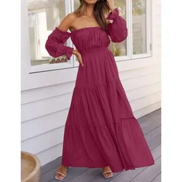 ZESICA Women's 2025 Boho Sexy Off Shoulder Long Sleeve Smocked High Waist Side Split Flowy A Line Tiered Long Maxi Dress,Fuchsia,Small