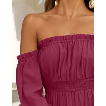 ZESICA Women's 2025 Boho Sexy Off Shoulder Long Sleeve Smocked High Waist Side Split Flowy A Line Tiered Long Maxi Dress,Fuchsia,Small