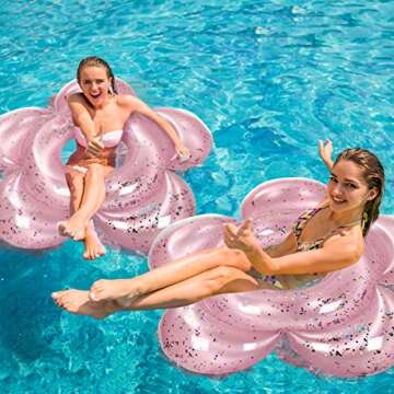 Outus 2 Pack Flower Pool Float Cute Pink Tubes 47 Inch Inflatable Bachelorette Flower Shaped Glitter Pool Floaties Ring Funny Kawaii Beach Toys for Adults Summer Swimming Birthday