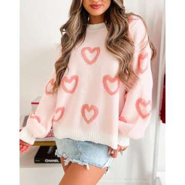 Women's Cute Heart Sweater Love Print Valentines Day Knitted Top Casual Crewneck Long Sleeve Sweater...