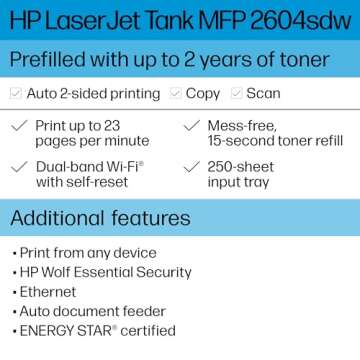 HP LaserJet-Tank MFP 2604sdw Wireless Black & White Printer Prefilled With Up to 2 Years of Original HP-Toner (381V1A)