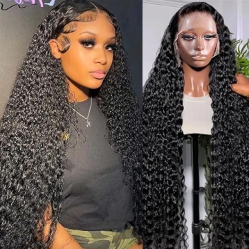 28 Inch Deep Wave Lace Front Wigs Human Hair Pre Plucked 180% Density 13x4 Curly Lace Frontal Wigs f...