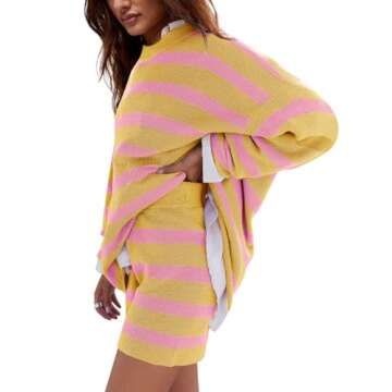 LAMISSCHE Womens Oversized Lounge Sets 2 Piece Outfits Striped Matching Pajama Set Long Sleeve Sweat...