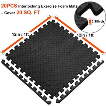 Walsai Exercise Mats Puzzle Foam Mats Gym Flooring Mat Cover 20 SQ.FT Interlocking Foam Mats with EVA Foam Floor Tiles for Home Gym Equipment Workouts (20pcs Black Exercise Mats)
