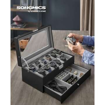 Elegant SONGMICS 12-Slot Watch Box with Lockable Drawer, Perfect Gift for Watch Enthusiasts