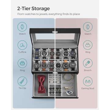 SONGMICS 12-Slot Watch Box with Glass Lid and Drawer