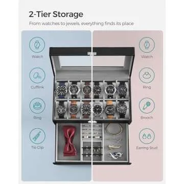 SONGMICS 12-Slot Watch Box with Glass Lid and Drawer
