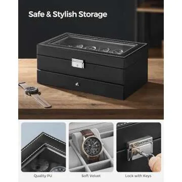 SONGMICS 12-Slot Watch Box with Glass Lid and Drawer