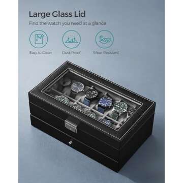 SONGMICS 12-Slot Watch Box with Glass Lid and Drawer