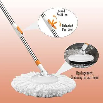 Floor Spin Mop and Bucket Set with Wringer System Extended Stainless Steel Handle 61＂for Home Floor Cleaning Use with 5 Replacement Head Refill and 1 Cleaning Brush Head