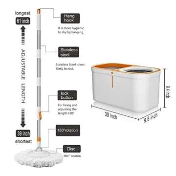 Floor Spin Mop and Bucket Set with Wringer System Extended Stainless Steel Handle 61＂for Home Floor Cleaning Use with 5 Replacement Head Refill and 1 Cleaning Brush Head