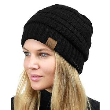 C.C Unisex Chunky Soft Stretch Cable Knit Warm Fuzzy Lined Skully Beanie, Black