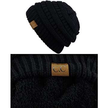 C.C Unisex Chunky Soft Stretch Cable Knit Warm Fuzzy Lined Skully Beanie, Black