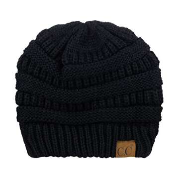 C.C Unisex Chunky Soft Stretch Cable Knit Warm Fuzzy Lined Skully Beanie, Black