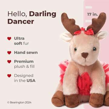 Bearington Collection Darling Dancer Ballerina Reindeer Stuffed Animal, 7 Inch Stuffed Reindeer Christmas Doll, Ideal Christmas Plush Toy Gift for Toddlers, Kids & Teens