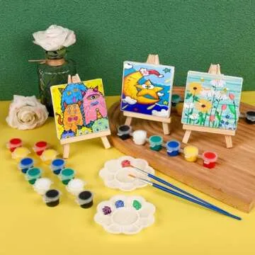 ESRICH 6 Set Mini Acrylic Paint Kit,Mini Stretched Canvas with Easel,Valentines Day Gifts,Acrylic Paint Strips,Paint Palettes,Painting Brushes, Mini Canvas and Easel Set for Kids Artists Beginner